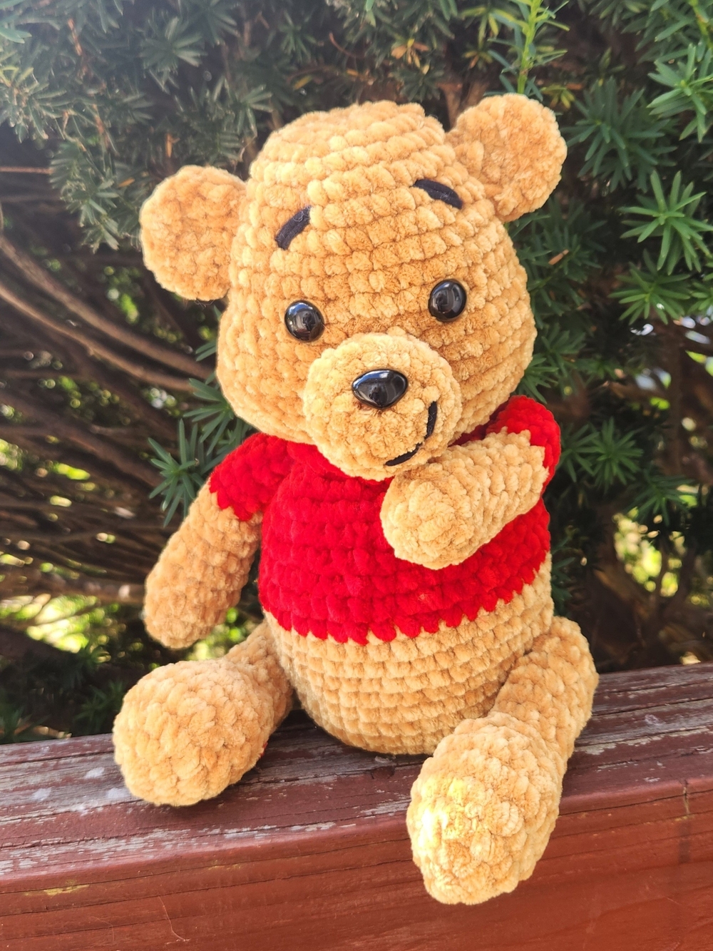 Winnie - Crochet Plush Tan Bear with Red Shirt - Soft Cuddly Stuffed Toy - Picture 1 of 2